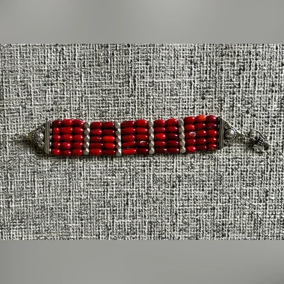 Vintage India Red Coral & Sterling Silver Bracelet